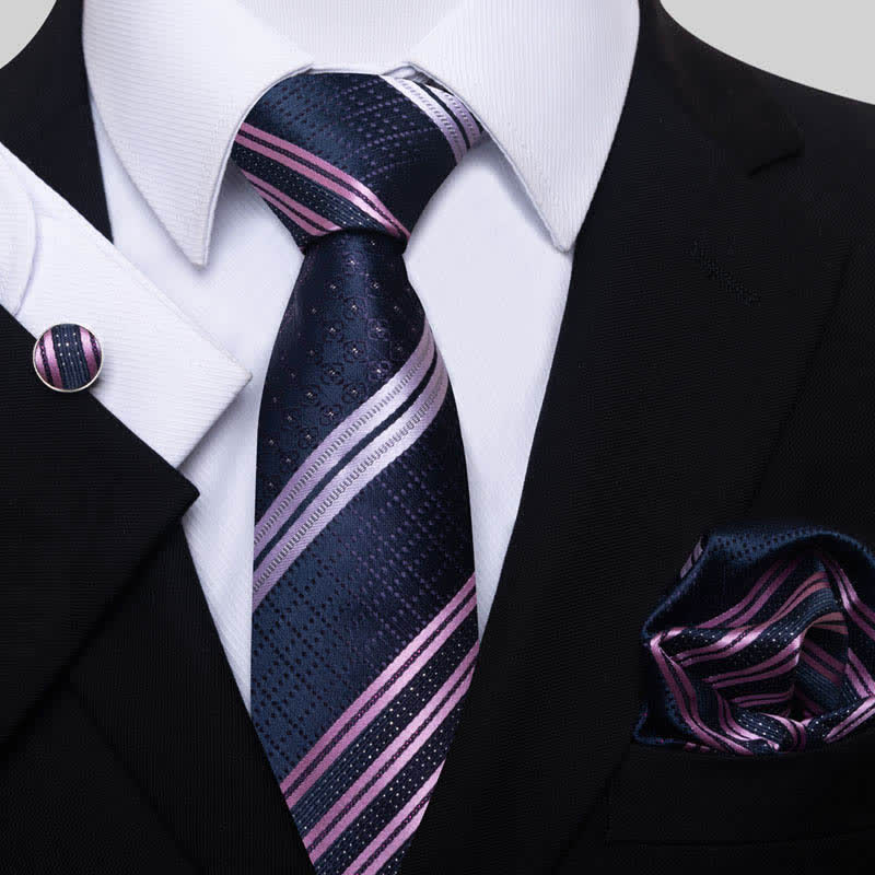 3Pcs Men's Noble Navy & Violet Striped Necktie Set - Navy & Violet - image 0