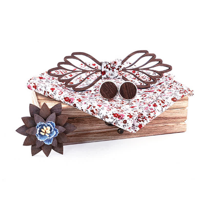 4Pcs Men's Hollow Leaves-shaped Wooden Bow Tie Set - White Floral - image 11