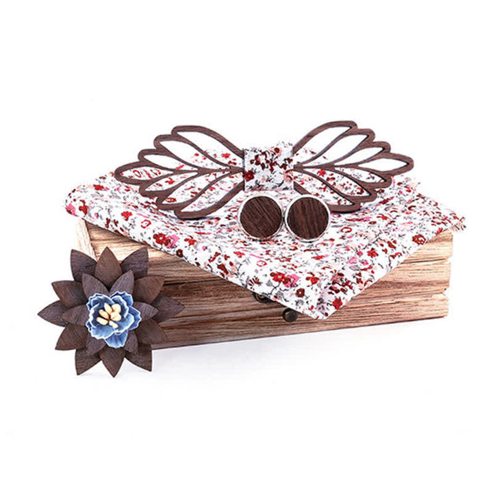 4Pcs Men's Hollow Leaves-shaped Wooden Bow Tie Set - White Floral - image 11