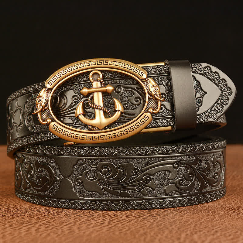 Men's Nautical Anchor Buckle Leather Belt - Gold & Black - 46 - image 9
