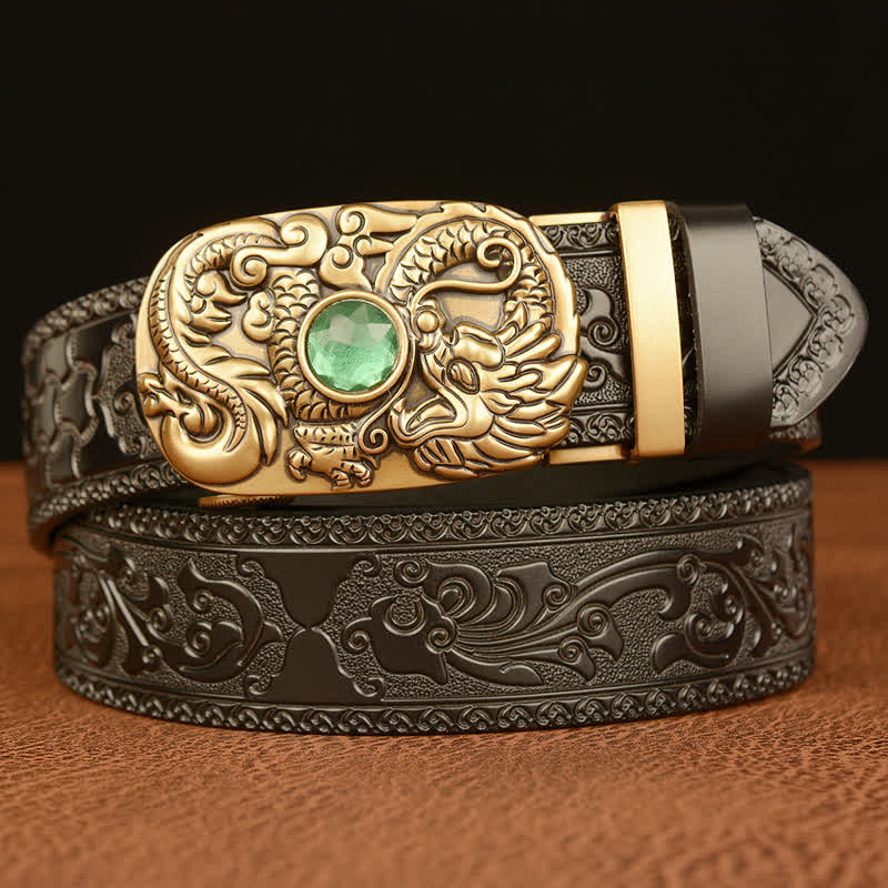 Men's Engraved Dragon Gemstone Leather Belt - Black & Emerald - 46 - image 17