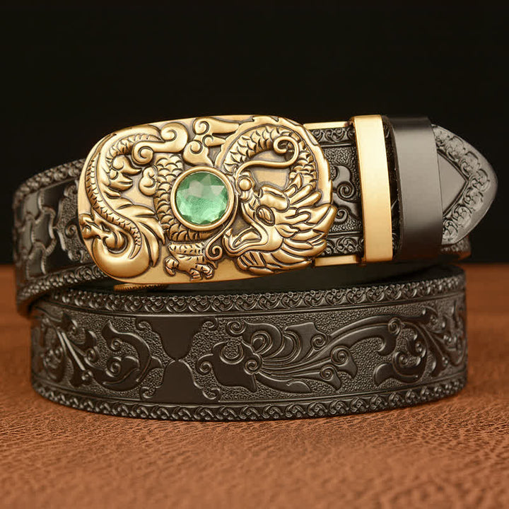 Men's Engraved Dragon Gemstone Leather Belt - Black & Emerald - 46 - image 17