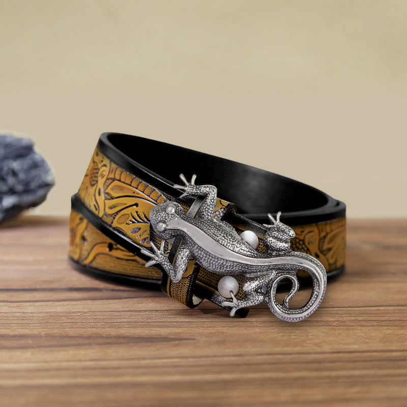 Men's DIY Unique Animal Silver Lizard Buckle Leather Belt - Lizard - SandyBrown Belt (40) - image 14