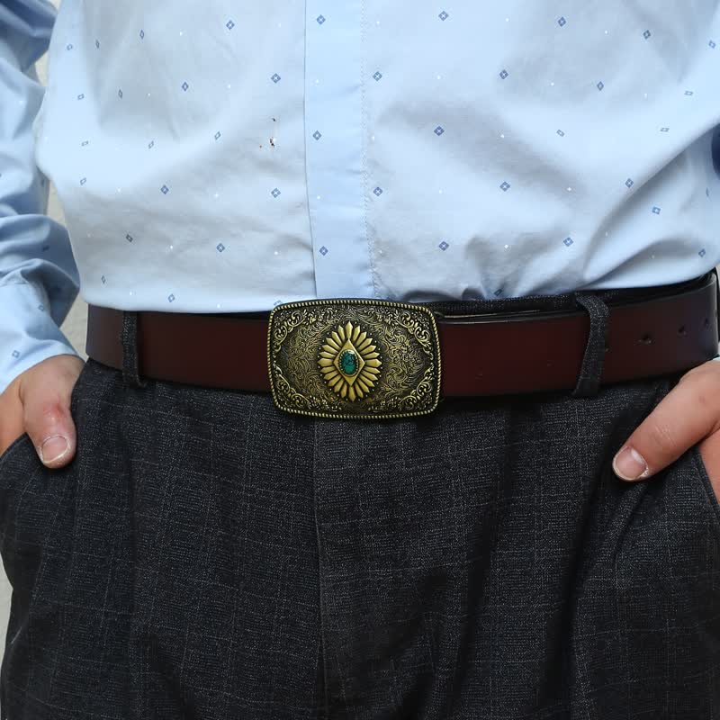 Men's DIY Square Turquoise Western Buckle Leather Belt - image 5