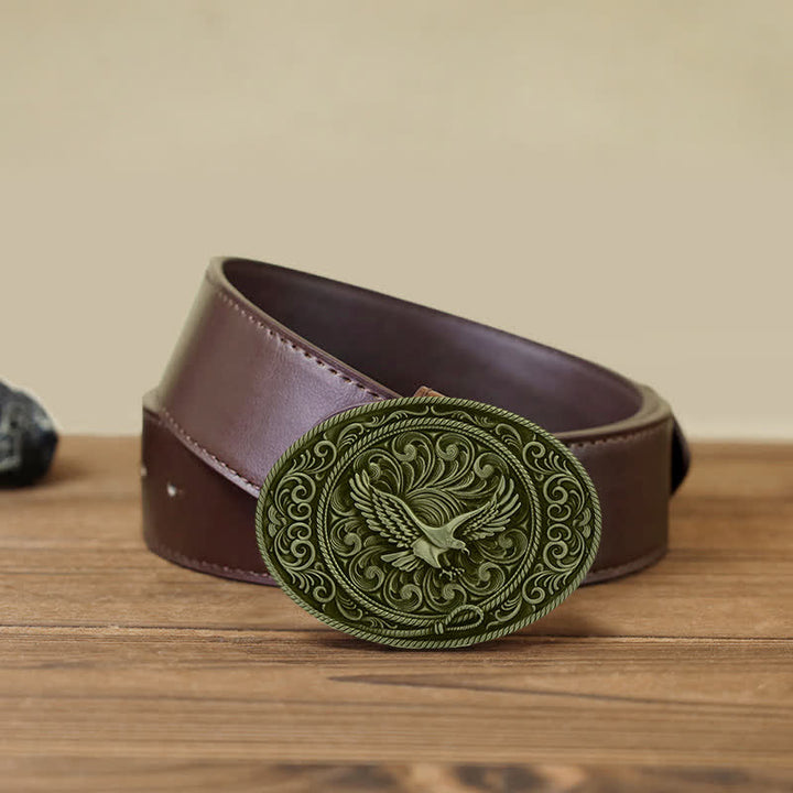 Men's DIY Soaring Eagle Engraved Floral Buckle Leather Belt - Antique Bronze - Brown PU Belt (40) - image 11