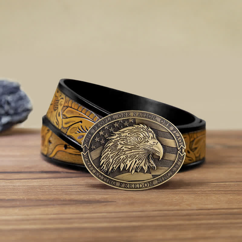 Men's DIY Patriotic Bald Eagle USA Flag Buckle Leather Belt - Antique Bronze - SandyBrown Belt (40) - image 20