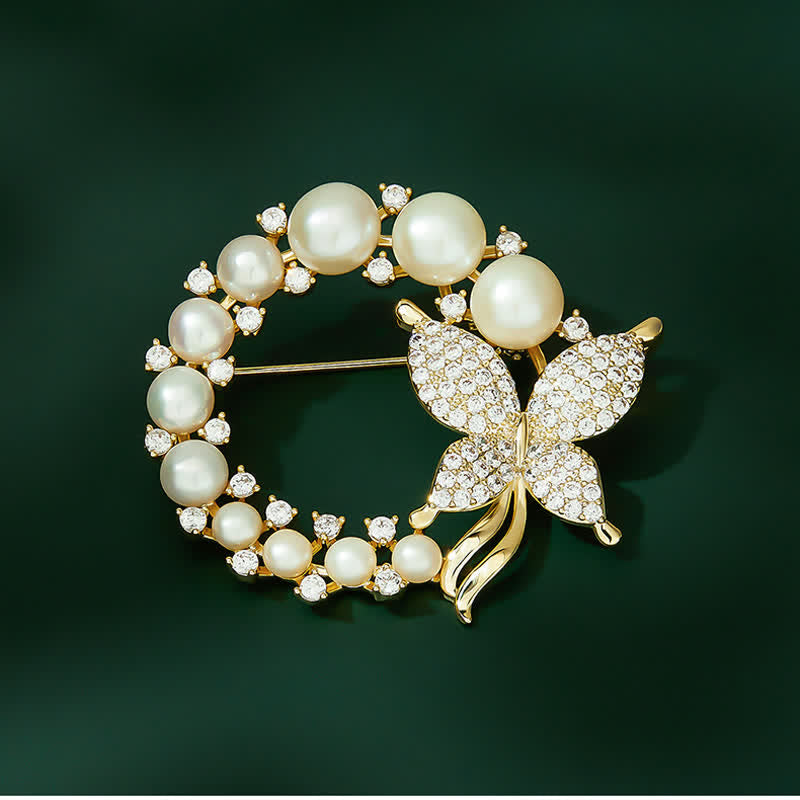 Women's Golden Butterfly Pearl Wreath Brooch - image 2