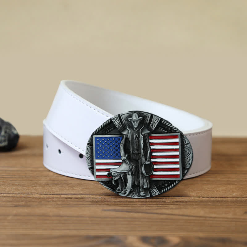 Men's DIY American Flag Cowboy Buckle Leather Belt - Cowboy - White PU Belt (40) - image 7