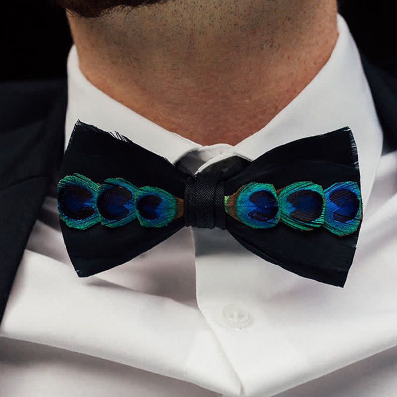 Blue & White Dye Eye Peacock Feather Bow Tie - image 1