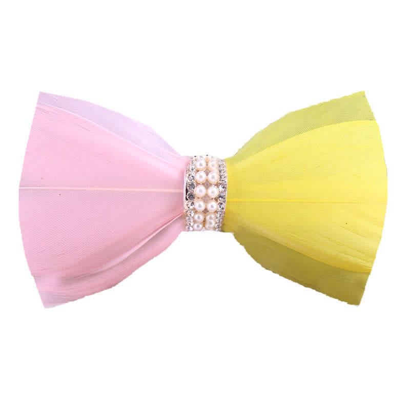 Pink & Yellow Shiny Pearl Feather Bow Tie with Lapel Pin - Pink & Yellow - image 0