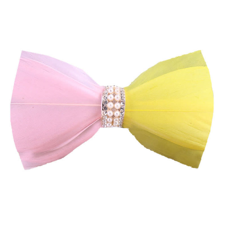 Pink & Yellow Shiny Pearl Feather Bow Tie with Lapel Pin - Pink & Yellow - image 0