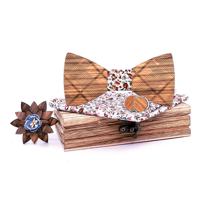 4Pcs Men's Classic Plaids Wooden Bow Tie Set - White & Red Floral - image 9