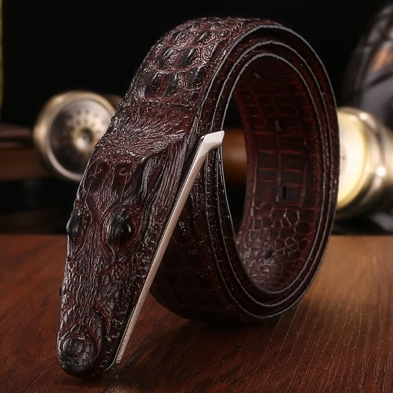 Men's Lifelike Crocodile Head Buckle Leather Belt - Brown - 42 - image 2