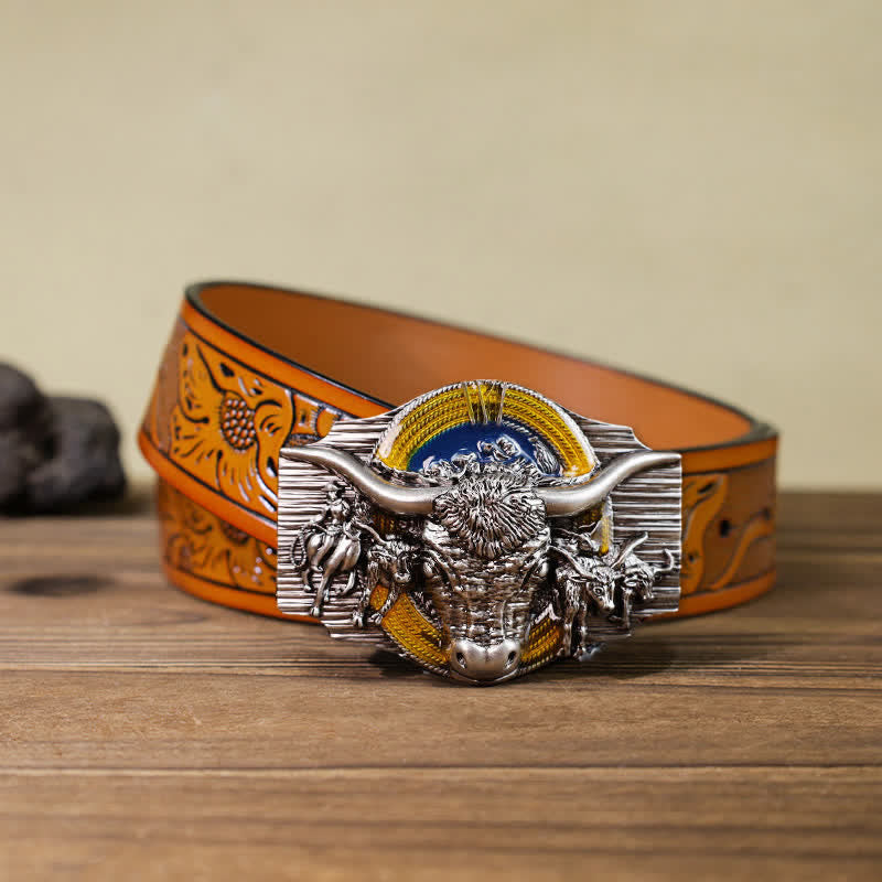 Men's DIY Domineering Longhorn Bull Buckle Leather Belt - Bull - Orange Carved Belt (40) - image 14