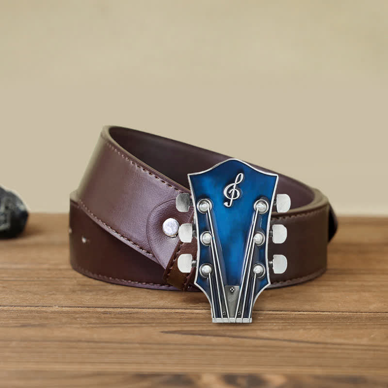 Men's DIY Musical Guitar Headstock Buckle Leather Belt - Blue - Brown PU Belt (40) - image 15