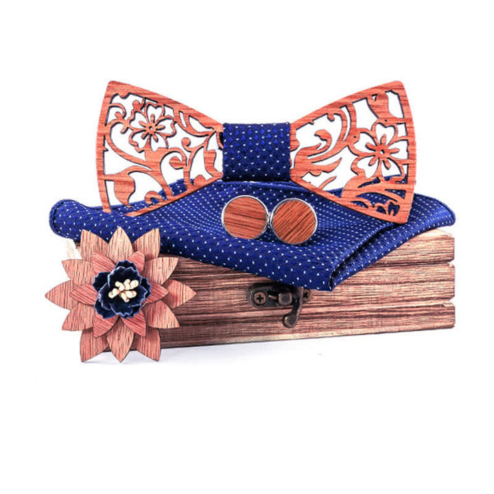 4pcs Men's Hollow Floral Wooden Bow Tie Set - Navy - image 9