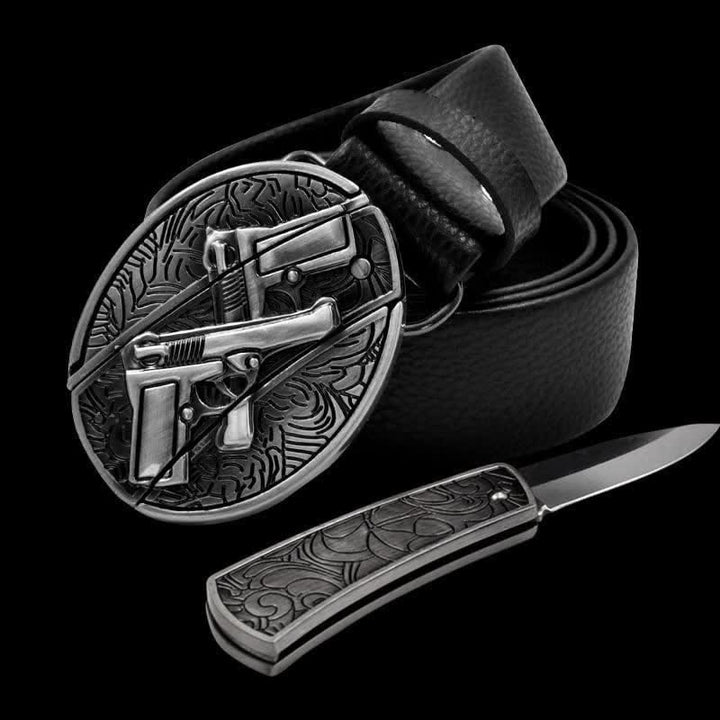 Men's Double Gun Leather Belt With Folding Knife - Double Gun - 42 - image 1