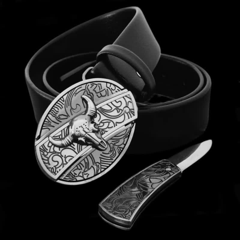 Men's Bull Head Leather Belt With Folding Knife - image 4