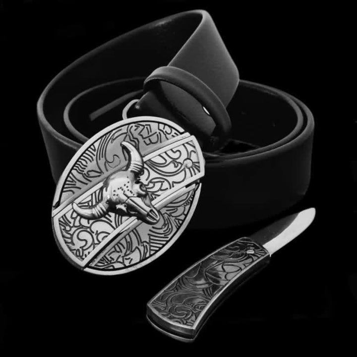 Men's Bull Head Leather Belt With Folding Knife - image 4