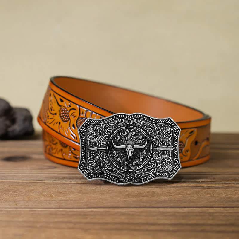 Men's DIY Long Horn Bull Arrow Buckle Leather Belt - Antique Silver - Orange Carved Belt (40) - image 24
