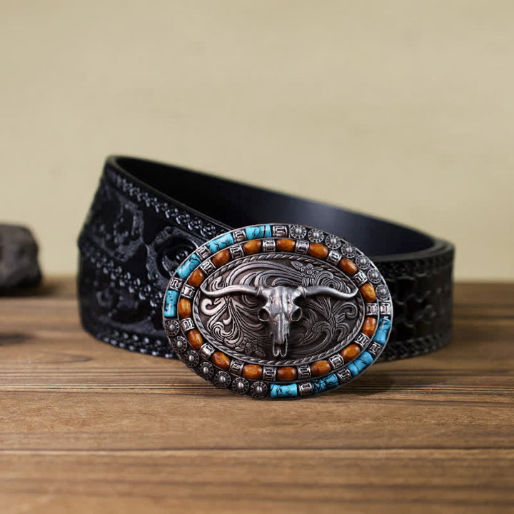 Men's DIY Turquoise Wood Bead Bull Buckle Leather Belt - Silver - Black Carved Belt (40) - image 12