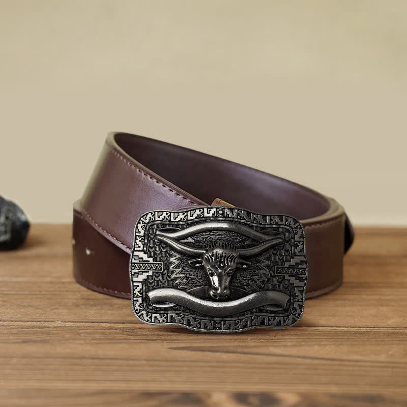Men's DIY Silver Square Longhorn Bull Buckle Leather Belt - Bull Head - Brown PU Belt (40) - image 8