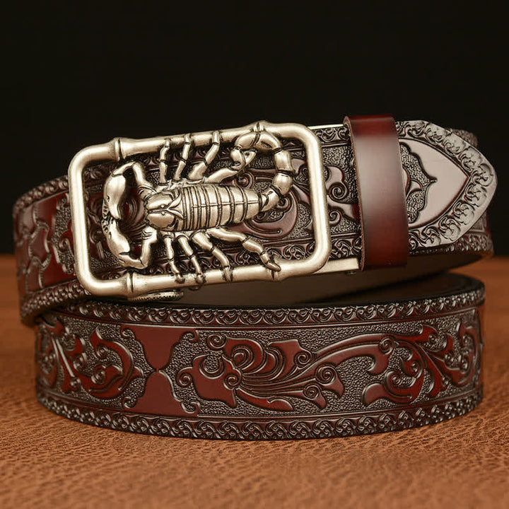 Men's Scorpion Embossed Engraved Leather Belt - Silver & Brown - 46 - image 16