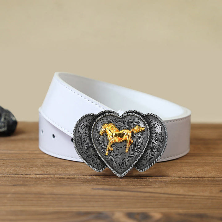Men's DIY Horse Triple Heart Shaped Buckle Leather Belt - Horse - White PU Belt (40) - image 5