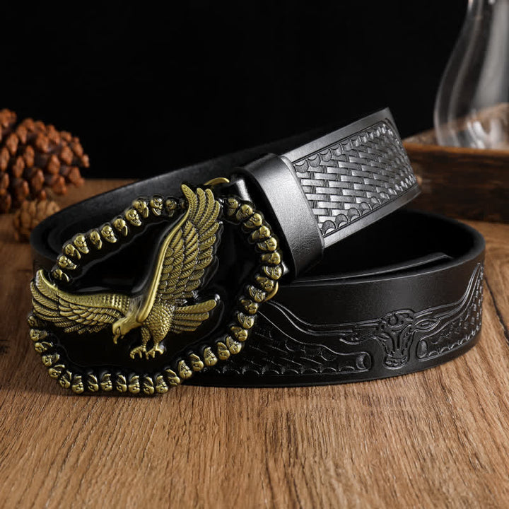 Men's Antique Gold Eagle Soaring Hawk Leather Belt - Black #2 - 42 - image 11