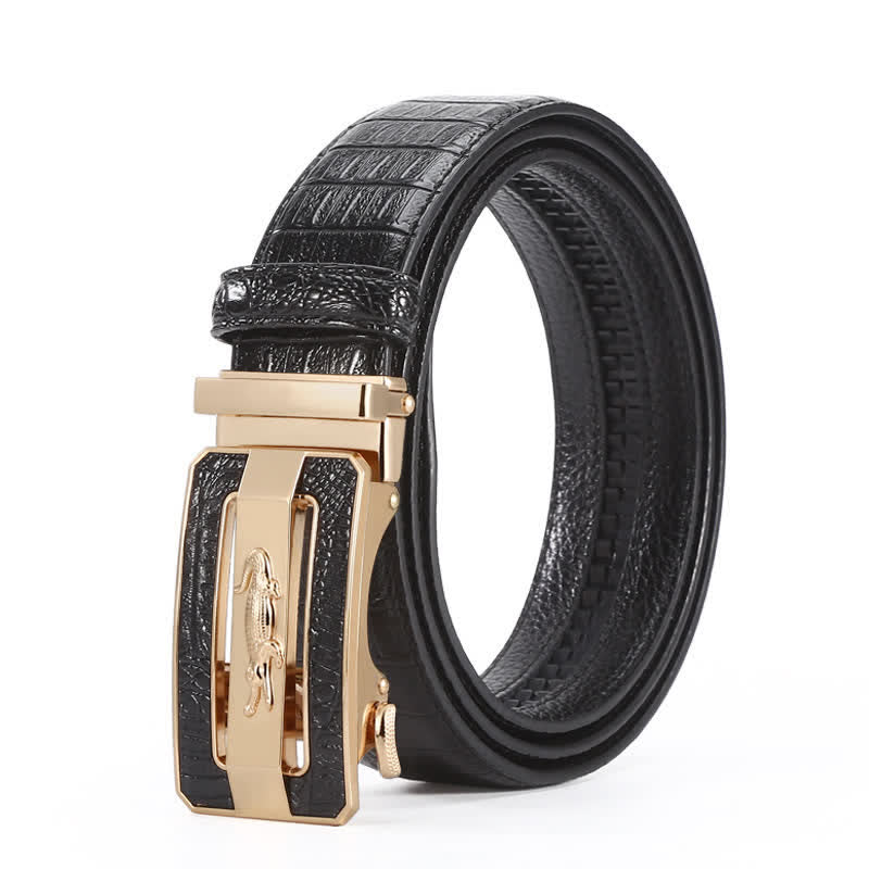 Men's Crocodile Pattern Automatic Buckle Leather Belt - Style #1 - Black / Gold - 44 - image 4