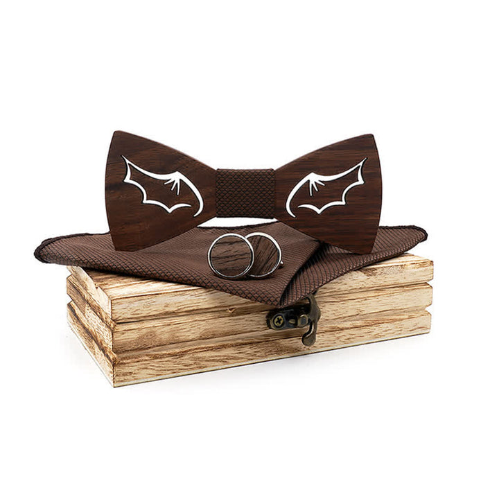 3Pcs Men's Demon Wings Wooden Bow Tie Set - Brown - image 10