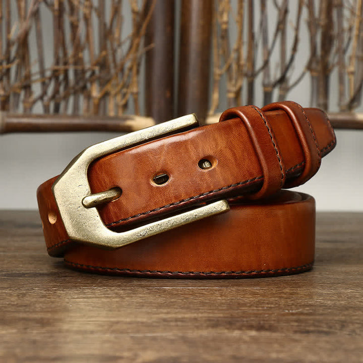Men's Rectangular Buckle Glossy Leather Belt - Yellowish Brown - 44 - image 0