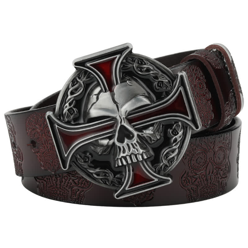 Men's Cross Skull Embossed Pattern Leather Belt - Coffee / Silver - 46 - image 7