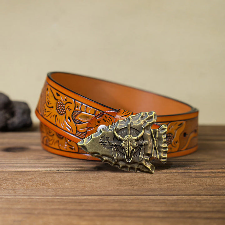 Men's DIY Arrowhead Shaped Bull Buckle Leather Belt - Antique Bronze - Orange Carved Belt (40) - image 24