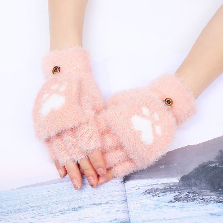 Women's Warm Cat Paw Print Mittens Fluffy Gloves - Pink - image 3