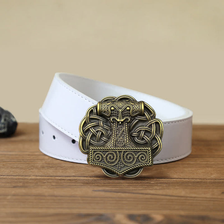 Men's DIY Viking Thor's Hammer Buckle Leather Belt - Thor's Hammer - White PU Belt (40) - image 4