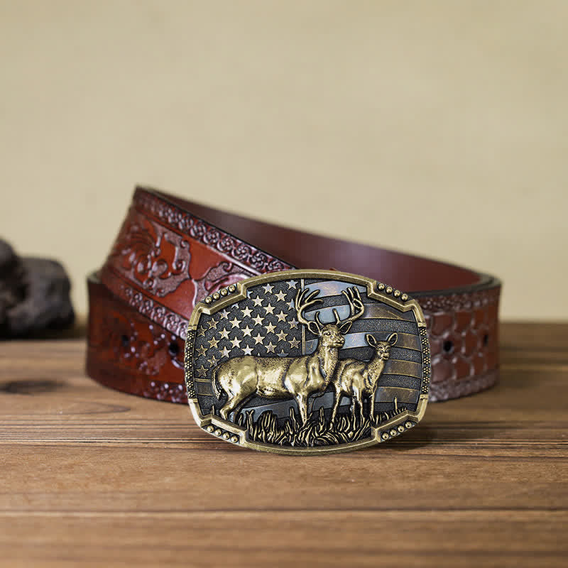 Men's DIY Deer Hunter American Flag Buckle Leather Belt - Gold Deers - Brown Carved Belt (40) - image 30