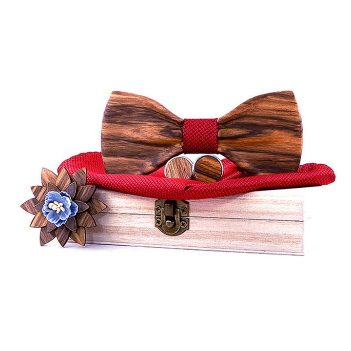 4Pcs Men's Formal Concave Wooden Bow Tie Set - Red - image 6
