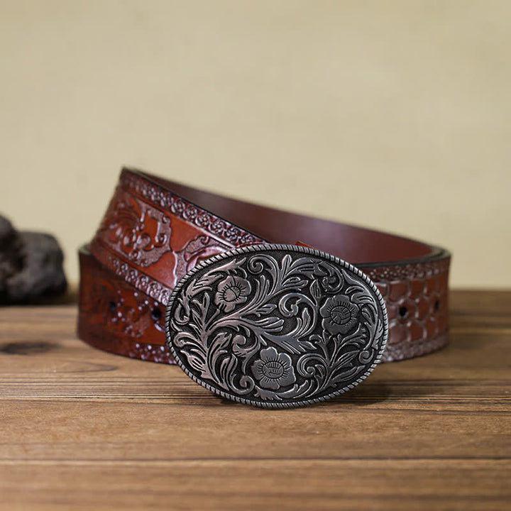 Men's DIY Classical Floral Oval Buckle Leather Belt - Antique Silver - Brown Carved Belt (40) - image 12
