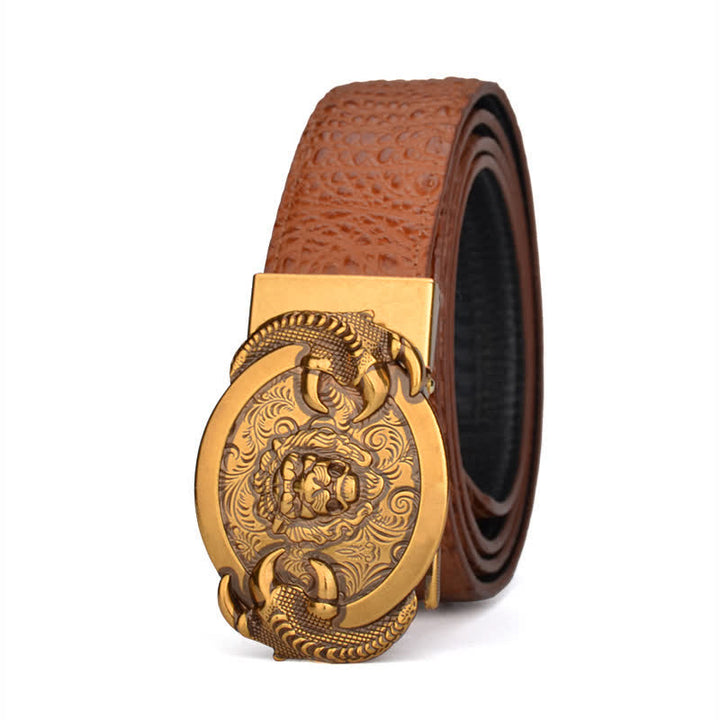 Men's Savage Lion Crocodile Pattern Automatic Leather Belt - Orange - 46 - image 5