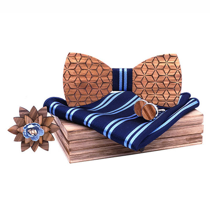 4Pcs Men's Geometric Carving Wooden Bow Tie Set - Blue Striped - image 6