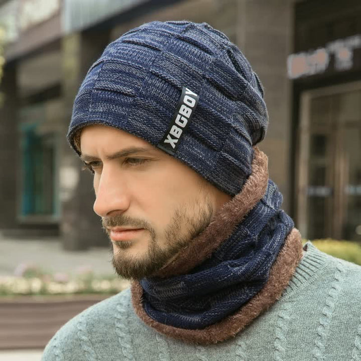 Winter Plaid Knit Beanie Hat Scarf Set - Hat & Neck Gaiter - Navy - Adjustable (22"-23 5/8") - image 1