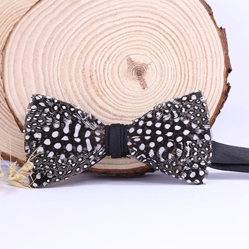 Black & White Polka Dotted Feather Bow Tie with Lapel Pin - image 1