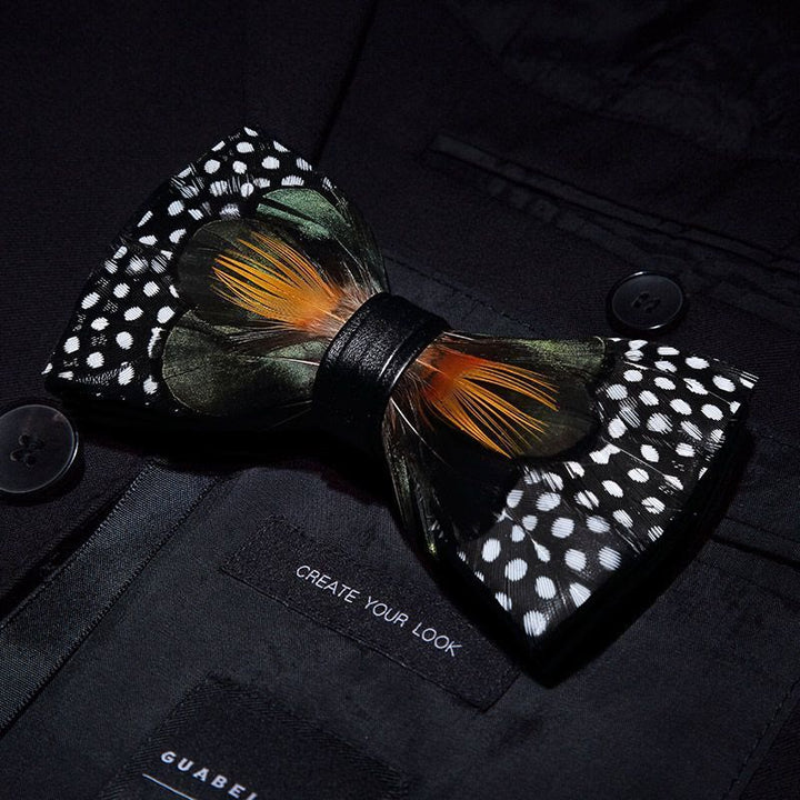 ForestGreen & Orange White Dots Feather Bow Tie with Lapel Pin - image 1
