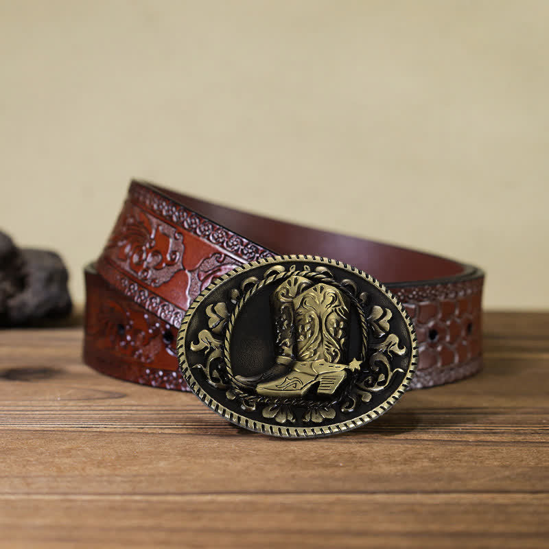 Men's DIY Cowboy Boots Buckle Leather Belt - Boots - Brown Carved Belt (40) - image 10