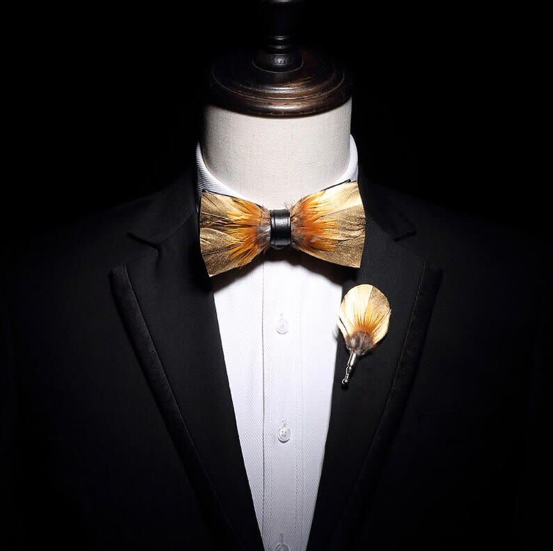 Gold & Tobacco Feather Bow Tie with Lapel Pin - image 2