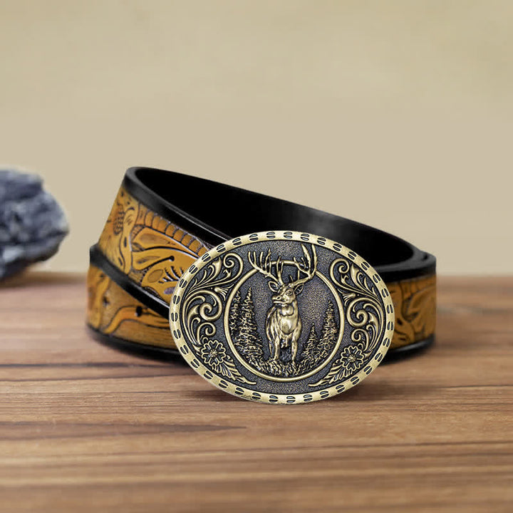 Men's DIY Deer Hunter American Flag Buckle Leather Belt - Gold Deer - SandyBrown Belt (40) - image 37