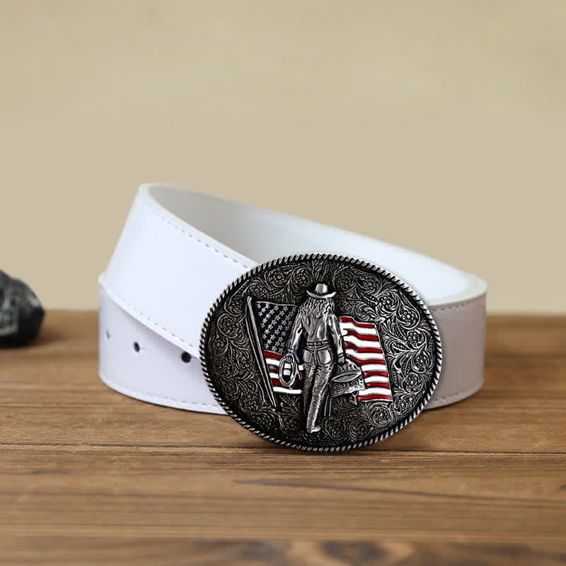 Men's DIY Cowboy American Flag Buckle Leather Belt - Antique Silver - White PU Belt (40) - image 10