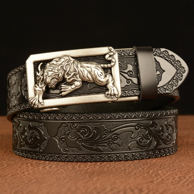 Men's Tiger Buckle Floral Embossed Leather Belt - Silver & Black - 46 - image 19