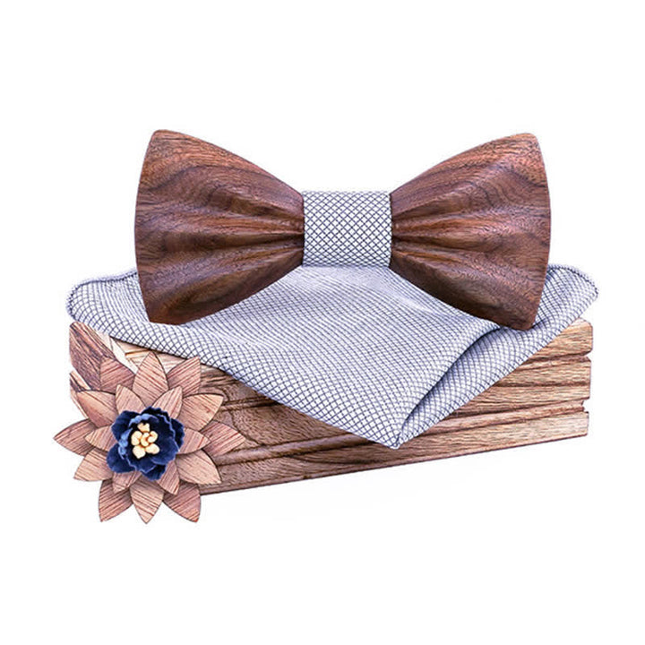 3Pcs Men's Hand Carved Crease Wooden Bow Tie Set - Walnut - Gray - image 0
